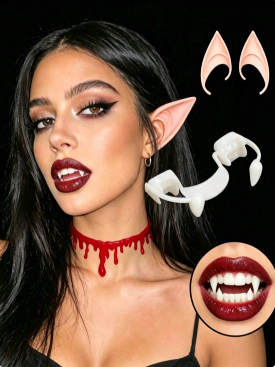 3pcs Halloween Vampire Cosplay Accessories Costume Set, Elf Ears, Blood Drip Collar, Vampire Fangs, Gothic Style Makeup Party Costume Props - Multicolor - View 1