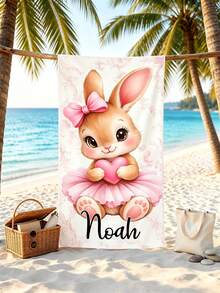 Custom Name Cute Ballerina Bunny Beach Towel, Soft Quick‑Dry Single‑Sided Towel, Pink Bow Heart Rabbit Pattern For Beach Pool, Girls Birthday Gift - Multicolor - View 4