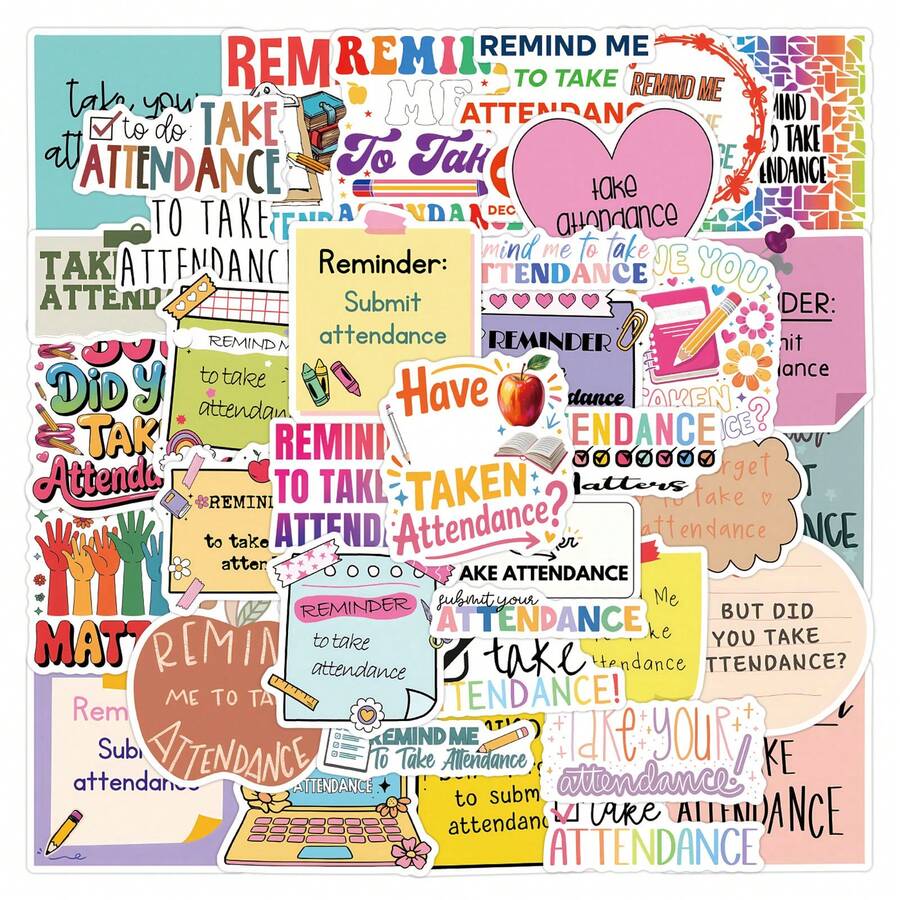 55Pcs Attendance Label Aesthetics Scrapbook Stickers Pack Funny Attendance Note Memo Sticky Notes Decoration Merch Vinyl Waterproof Stickers For Water Bottle,Computer,Laptop,Phone,Luggage,Notebook,Fridge