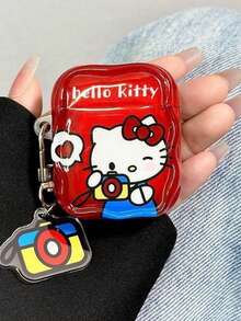 SANRIO 1pc Red Clear Cartoon Camera Printed Earphone Cover, Wavy Wear-Resistant Anti-Fingerprint Soft Shell, Cartoon Cat Camera Pattern + Heart Bubbles, With Camera Charm, Hole For Easy Carry, Store & Protect Earbuds, For Home Commute Campus, Sweet Cool Girly Digital Accessory, Holiday Gift, Nice Matching Decor, For Pro, Pro 2, Pro 3, Air1/2, Air3, Air4, Air5 - Multicolor - View 2