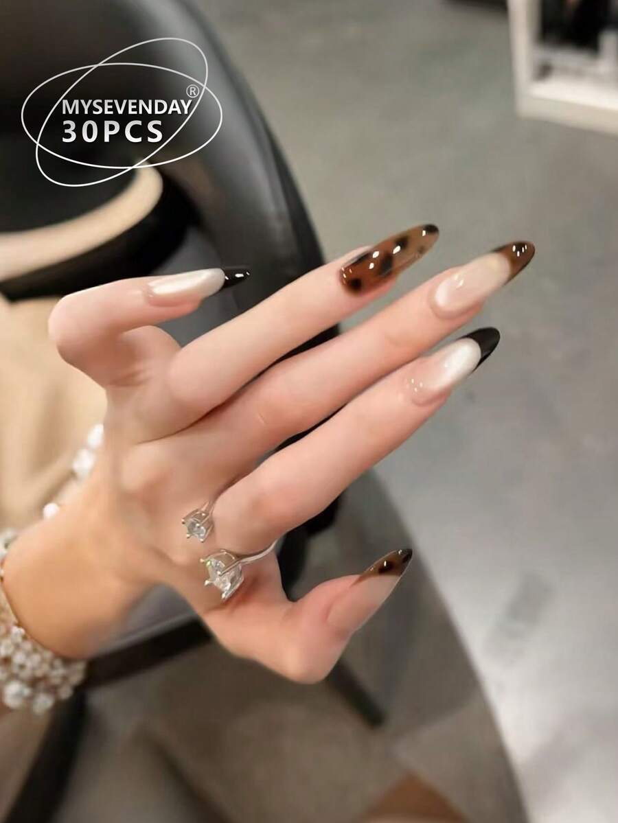 30pieces Press On Nails. Fall Autumn Fall Nails Collection. Long Almond Nails With Nude Gradient, Dark Brown Tips, Black Tips And Brown Leopard Spots. Packaged With Jelly Glue And Nail File. Practical Nail Supplies For Press On Nails - Multicolor - View 1