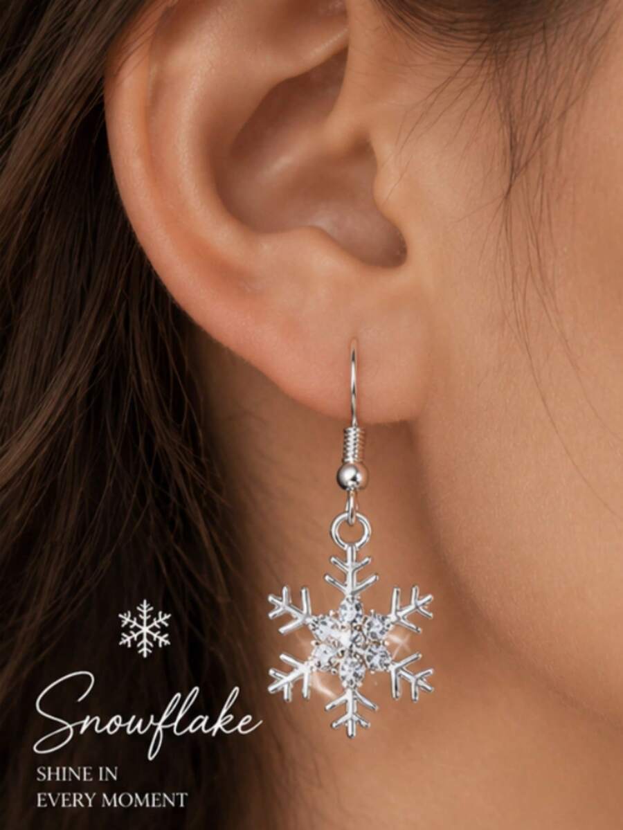 1 Pair Christmas Snowflake Rhinestone Earrings, Women's Sparkling Crystal Snowflake Dangle Earrings, Winter Elegant Fashion Ear Jewelry, Christmas Party Daily Wear Holiday Gift Jewelry Accessory, Exquisite Holiday Gift - Multicolor - View 1