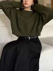 Alicedudu Women's Minimalist Chic Crew Neck Sweater, Autumn/Winter - Green Algae - View 5
