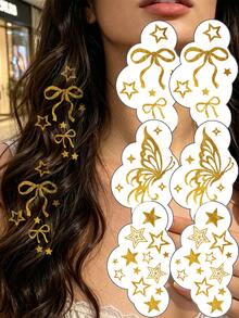 6pcs Waterproof Metallic Hair Tattoos, Glitter Stickers For Hair Decoration, Gold Flash Tattoos With Star, Butterfly, Bow Pattern Sticker Cute Sparkle Freckles Makeup For Rave Party Performance Music Festival Essentials Body Art - Gold - View 1