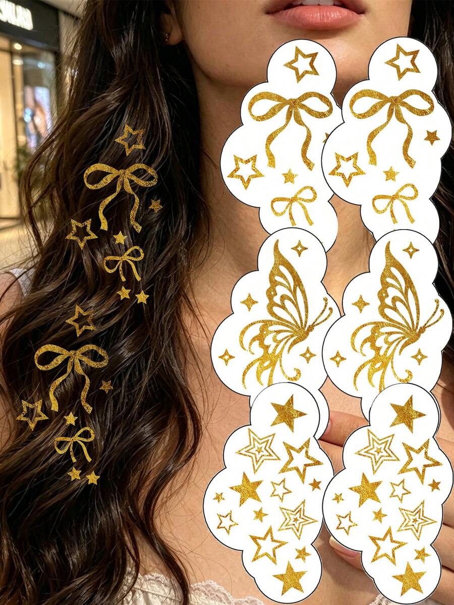 6pcs Waterproof Metallic Hair Tattoos, Glitter Stickers For Hair Decoration, Gold Flash Tattoos With Star, Butterfly, Bow Pattern Sticker Cute Sparkle Freckles Makeup For Rave Party Performance Music Festival Essentials Body Art - Gold - View 1