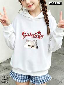 Kids Hooded Sweatshirt: Cute Cat Print & Red Letter Design, Loose Fit, Breathable & Comfortable, Casual Style For Spring/Autumn Daily Wear - White - View 4