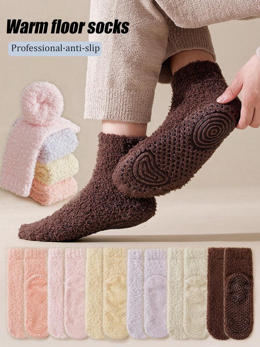 1/3/6 Pasang Kaos Kaki Wanita Multi-Warna Tebal Berlapisan Bulu Domba, Kaos Kaki Selop Rumah yang Hangat, Kaos Kaki Tidur Anti Selip, Desain Sederhana, Musim Gugur/Musim Dingin - MultiWarna - View 1