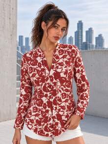 Women's Red Floral Print Button Front Blouse, Long Sleeve V Neck Shirt With Curved Hem For Work And Weekend Wear - Red - View 5