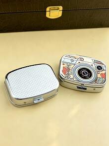 Mini Metal Storage Box With Cute Retro Camera Print, Portable Flip-Top Small Tin Case, Jewelry Storage Box With Built-In Mirror, Compact Travel Organizer For Earrings, Rings, Pills, Beads, Memory Cards And Various Small Accessories, Pocket-Sized Multi-Function Jewelry And Trinket Storage Box, Suitable For Daily And Outdoor Use, Ideal Practical Gift For Family, Friends, Loved Ones, Christmas, Halloween, Birthday And Anniversary - Multicolor - View 4