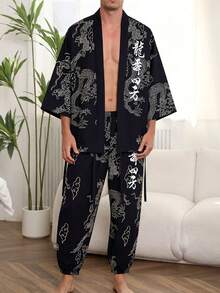 Men's Dragon Pattern Pajama Set, 3/4 Sleeve Robe & Long Pants 2 Pieces Loungewear Outfit - Multicolor - View 4