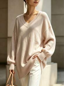Plus Size Loose V-Neck Knit Dress, Women's, Batwing Sleeves, Asymmetrical Ribbed Hem, Suitable For Autumn/Winter - Apricot - View 3
