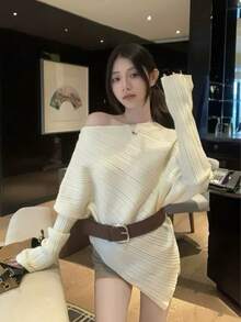 Women's Shoulder Strap Belted Knit Sweater Top, New Autumn/Winter Lazy High-End Style - Apricot - View 2