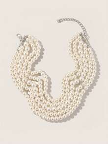 Valisandre 1pc Fashionable Atmosphere Multi-Layered Exaggerated Faux Pearl Collarbone Necklace, Asymmetrical Beaded Charm Necklace - White - View 1