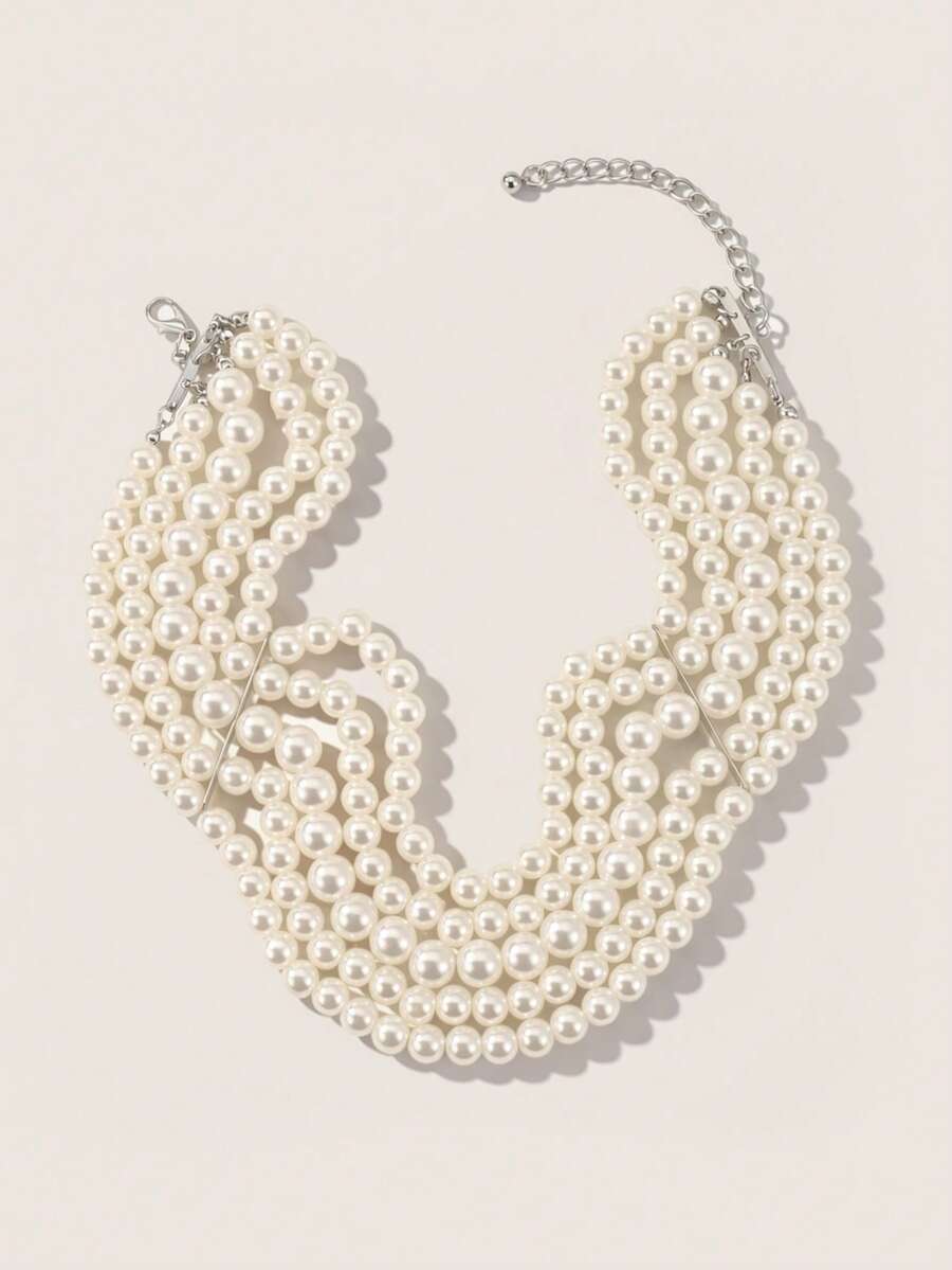 Valisandre 1pc Fashionable Atmosphere Multi-Layered Exaggerated Faux Pearl Collarbone Necklace, Asymmetrical Beaded Charm Necklace - White - View 1