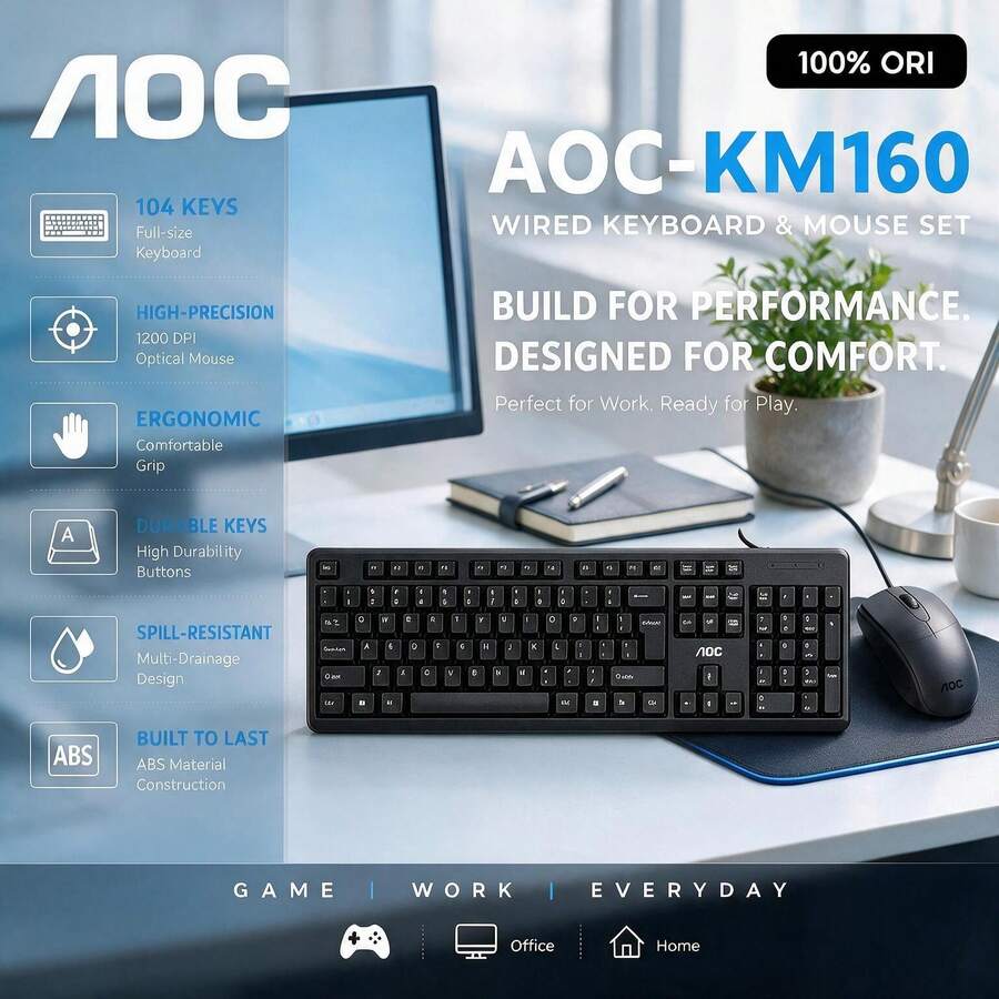 AOC KM160 Mouse & Keyboard Set, Waterproof & Durable, Ergonomic Design, Excellent For Office - View 1