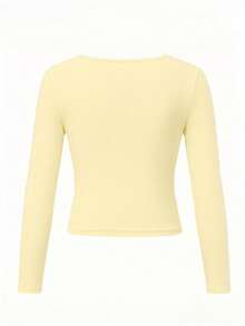 New Spring/Autumn Short Long Sleeve T-Shirt For Women, Y2K Generation Fun Design Print, Korean Style U-Neck Versatile Casual Slim Fit Top - Yellow - View 6