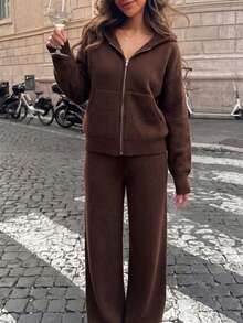 Casual Minimalist Fashion Women's Brown Ribbed Knit Set, Including Zipper Loose Hoodie Jacket And Drawstring Wide Leg Pants, Comfortable Choice For Autumn, Contains Knitted - Brown - View 3
