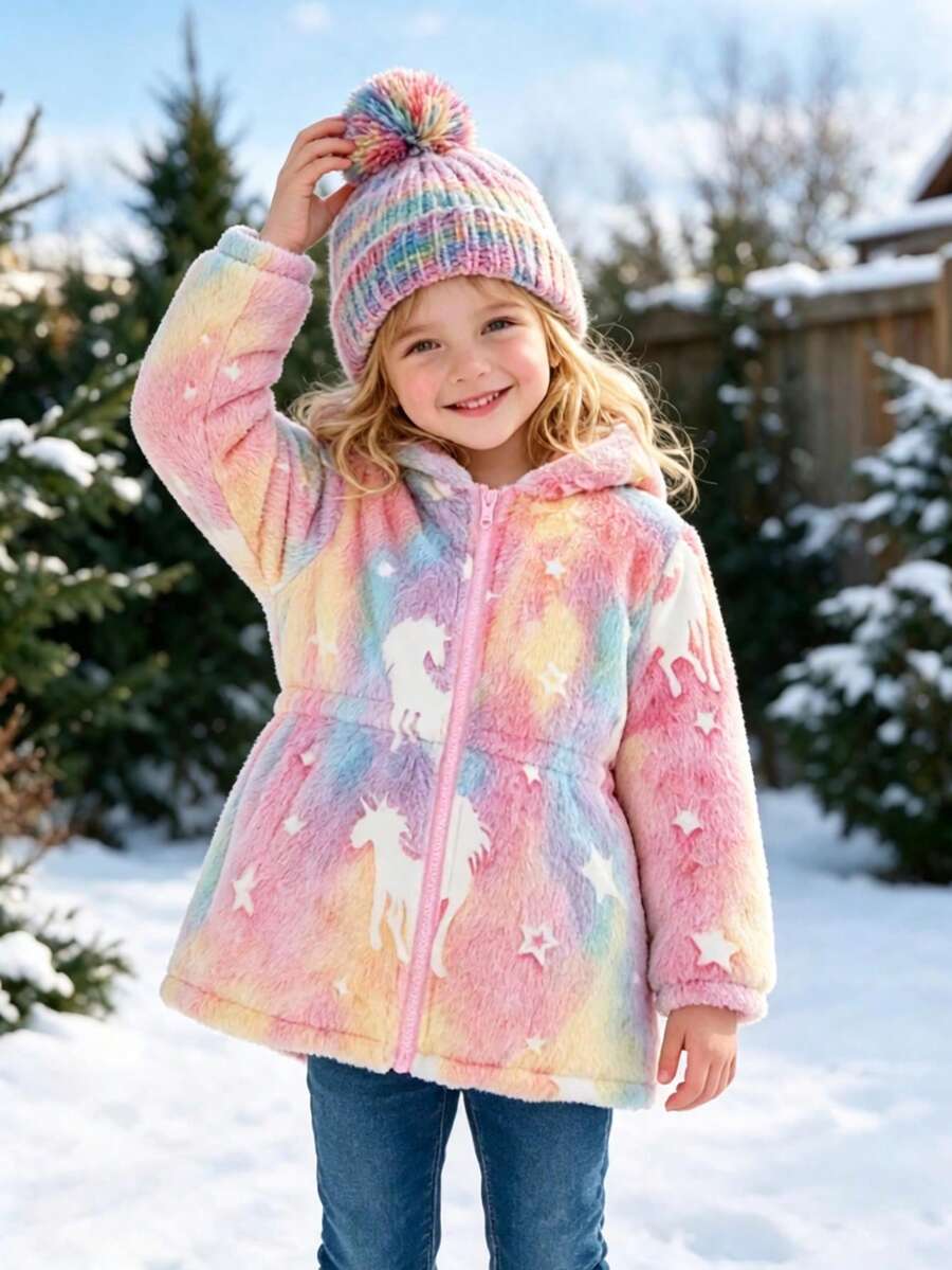 Young Girls Autumn/Winter Rainbow Gradient Cartoon Star Print Waist-Cinching Hooded Thick Fleece Princess Style Jacket - Pink - View 1