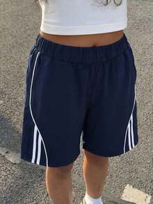1pc Girls' Teenagers' Sports Casual Versatile Summer Lightweight Breathable Fashion Striped PatchworkBermuda Shorts - Navy Blue - View 6