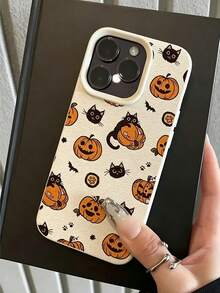 Phone Case: Pumpkin Cat Bat Pattern Drop-Proof Lychee Texture Phone Case, Compatible With Iphone 18 17 16 15 14 13 12 11 Plus Pro Max Series, Stylish And Full-Coverage Design, Ensuring A Perfect Fit And Lightweight Protection - Beige - View 3