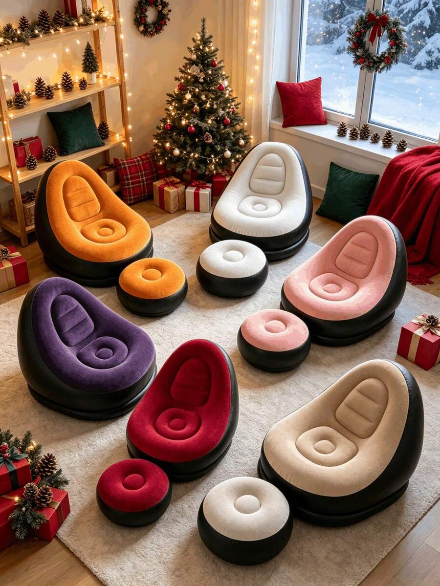 2pcs/Set Comfortable Flocked Inflatable Bean Bag Slouchy Sofa, Portable Inflatable Lounge Chair With Leg Rest, Suitable For Indoor And Outdoor Use, Bedroom, Living Room, Camping, Christmas, Spring Festival, Family Gatherings And Parties - Multicolor - View 1