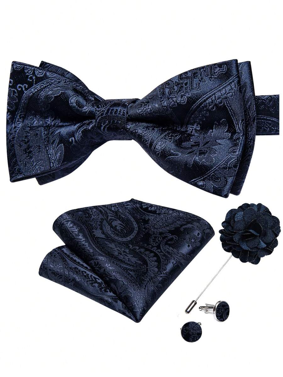 Men's Business Banquet Pre-Tied Bow Tie 4-Piece Set, Navy Paisley Textured Pocket Square, Cufflinks, Lapel Pin, Suit Accessories - Navy Blue - View 1