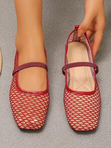 XfxfLadies' Mesh Flat Sole Shoes With Hollow Elastic Band Design, Breathable And Comfortable, Suitable For Travel/Casual Daily/Commuting Wear. - Red - View 3