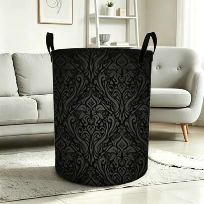 Dark Gray Damascus Baroque Floral Printed Foldable Round Laundry Basket, Vintage Gothic-Style Gorgeous Scroll Design, Perfect For Storing Dirty Clothes, Toys, Blankets, Elegant And Luxurious Home Decor Basket For Bedrooms, Bathrooms, Or Dorms
