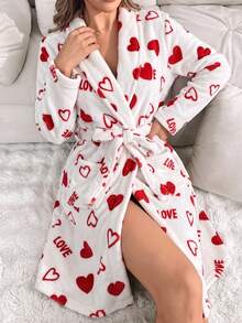 Women's Fleece Lined Red & White Heart LOVE Letter Print Tie Neck Robe, Flannel Loungewear Robe, Fleece Robe - Multicolor - View 1
