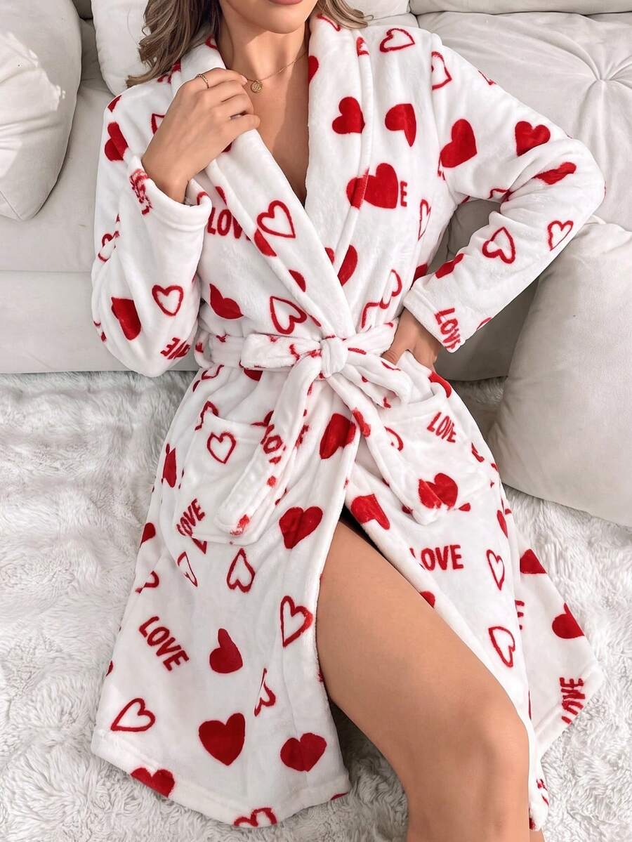 Women's Fleece Lined Red & White Heart LOVE Letter Print Tie Neck Robe, Flannel Loungewear Robe, Fleece Robe - Multicolor - View 1