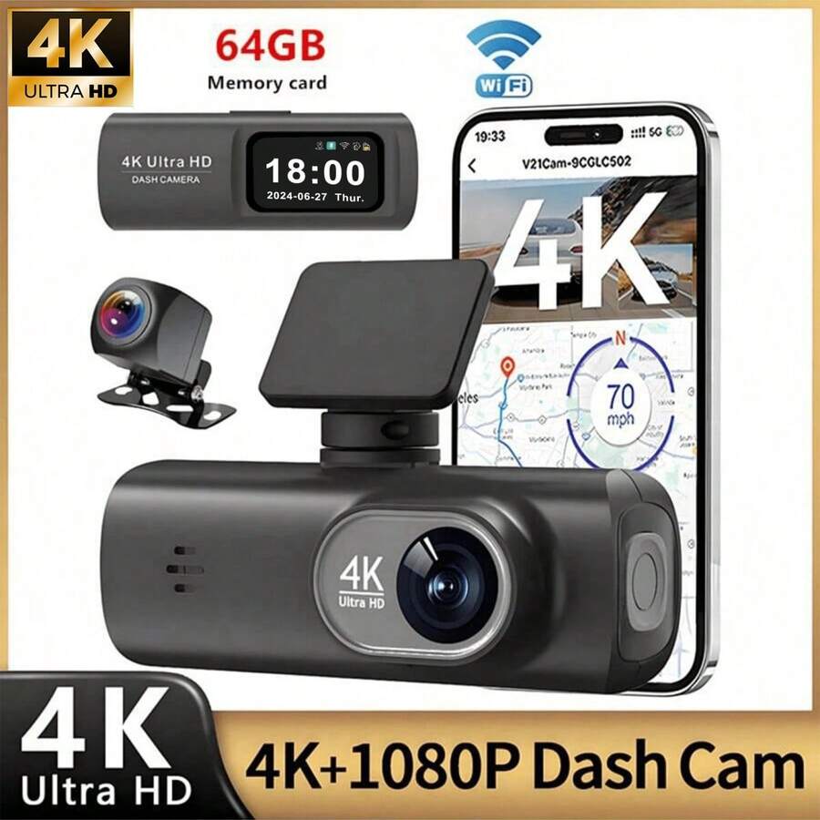 4K Ultra HD Dual Dash Cam, WiFi Front And Rear Dual Lens Dash Camera, 1.47" IPS Screen, App Supported, Motion Detection, Night Vision, 64GB Cycle Recording Dashcam, Wide Angle Dash Cam With G-Sensor - Dash Cam - View 1