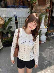Women's Sweet Chic Fall Polka Dot White Blouse, Peter Pan Collar Button Down Long Sleeve Slim Fit Top For School, Date, Outings - White - View 8
