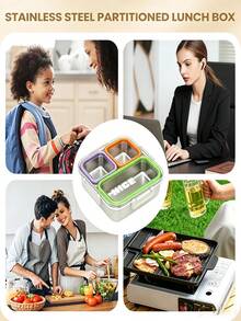 Multi-Compartment 304 Stainless Steel Bento Box, Leak-Proof Sealed Divided Lunch Box, Portable Large Capacity Food Storage Container For Home, Office, Outdoor Picnic, Adult Meal Prep - Multicolor - View 2