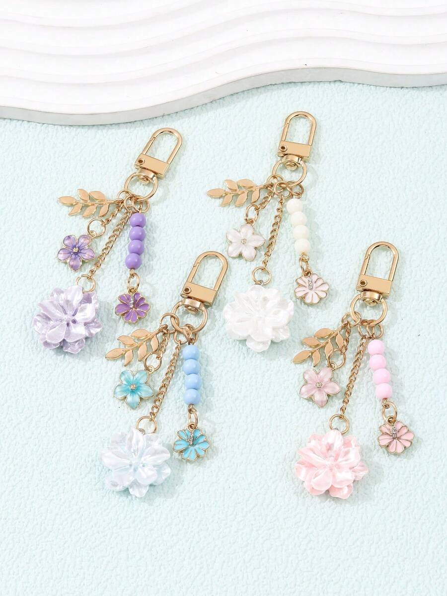 1pc Colorful Large And Small Flower & Leaf Beaded Keychain, Gentle & Exquisite Style Fashion Phone/Bag Charm, Gift For Family And Friends - Multicolor - View 1