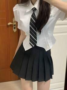 黑色可調節彈性領帶，時尚百搭簡約休閒風，適合校園風、JK制服與正式襯衫場合，中性款，完美搭配校服，亦特別適合男士商務場合 - 黑白條紋 - 查看 5