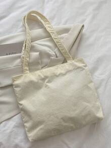 1pc White Corduroy Solid Color Fabric Label Detail Shoulder Tote Bag, Large Capacity Commuter Shoulder Bag, Lightweight Student Tutoring Bag - White - View 8