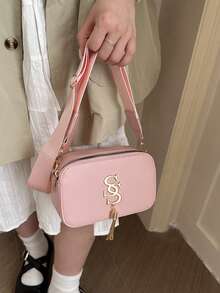 Tas Selempang Kamera Wanita Motif Huruf Logam, Tas Bahu Mini PU Polos, Tali Lebar yang Dapat Diatur, Tas Tangan Kasual Sehari-hari dengan Resleting dan Rumbai - MultiWarna - View 2