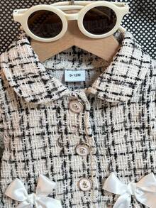 2pcs/Set Baby Girl Elegant Tweed Bow Long Sleeve Dress With Hat, Casual Autumn/Winter - Apricot - View 4