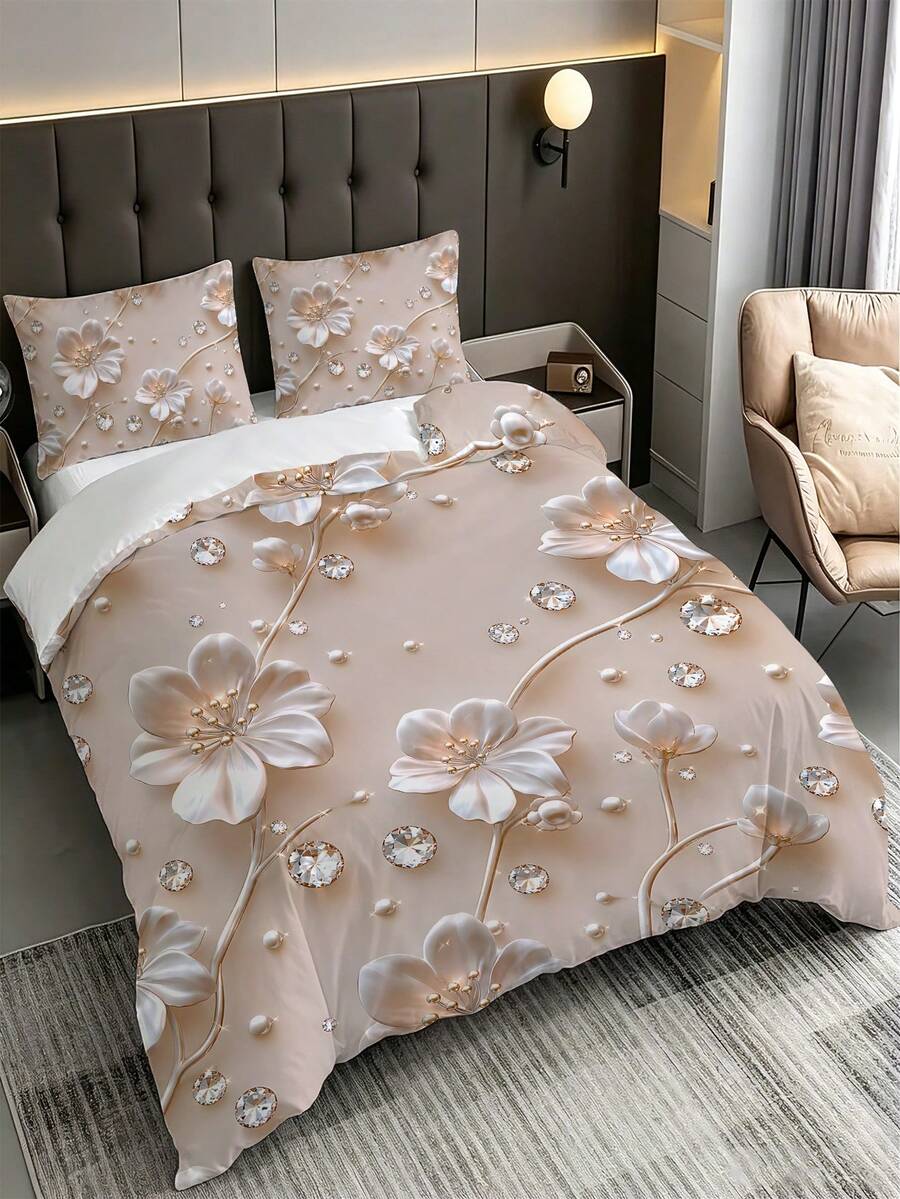 3件組奢華優雅花卉被套組（1件被套 + 2件枕套，不含被芯/枕芯），花卉珍珠與水鑽圖案床上用品，柔軟聚酯纖維四季可水洗床上用品套裝，可選尺寸：特大號、大號、標準雙人、單人，適用於臥室、客房、學校宿舍、飯店四季使用 - 彩色 - 查看 1