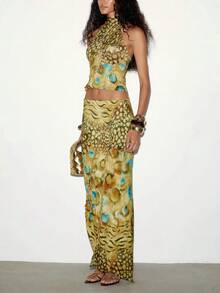 Chic Women's Cheetah Print Halter Two Pieces Outfit With Maxi Skirt, Sexy Bodycon Ensemble For Parties & Special Occasions, Medium Stretch - Green - View 5