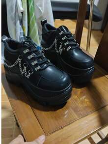 Sepatu Bot Ankle Wanita Gaya Gothic Punk dengan Dekorasi Rantai, Sol Tebal, Tali Elastis, Ujung Bulat, Hak Tebal, Sepatu Bot Ankle Cosplay Y2K - Hitam - View 3