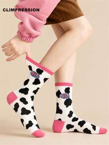 CLIMPRESSION Women's Cute Cow Print Boat Socks, White & Black Cow Print With Lettering, Fashion Pink Cuff Casual Cotton Mid-Calf Socks, Creative Everyday Socks - Pink - View 1