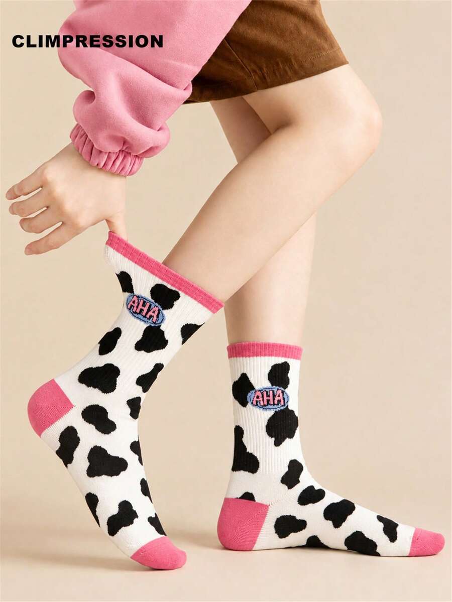 CLIMPRESSION Women's Cute Cow Print Boat Socks, White & Black Cow Print With Lettering, Fashion Pink Cuff Casual Cotton Mid-Calf Socks, Creative Everyday Socks - Pink - View 1