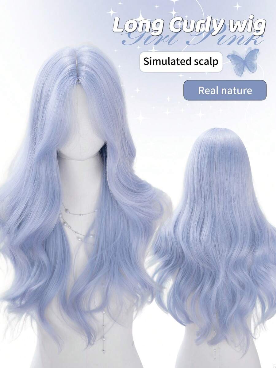 alicegarden 28-Inch Long Synthetic Wig Featuring A Natural Wavy Style In A A Stunning Dusty Blue. Middle Part Design , This False Hairpiece Is Perfect For Ms Daily Party Cosplay Use, Offering A Natural And Natural Durable Wig Gift For Ladies. - Dusty Blue - View 1