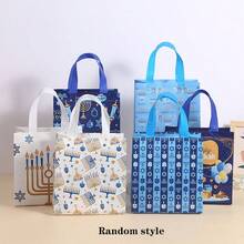 Happy Festival Non-Woven Fabric Reusable Blue & White Party Gift Tote Bag, Menorah Dreidel Star Of David Print Handle Bag, Suitable For Holiday Gift Giving, Random Style - Multicolor - View 4