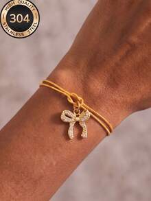 1pc Golden Angel Wing Pendant Double Layer Snake Cord Bracelet, Adjustable Knot Wrist Jewelry For Women - Gold - View 2