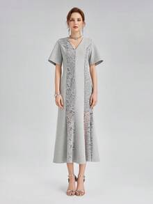 Rich Radi Q's Fashion Women's Gray Mid-Length Dress, V-Neck Short Sleeve Design, Exquisite Contrast Lace Details, Woven Fabric Slim Fit Mermaid Silhouette - Grey - View 2