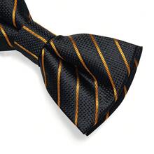 Black & Gold Diagonal Stripe Pre-Tied Bow Tie, Pocket Square, Cufflinks, Lapel Pin 4-Piece Set For Business Banquet Formal Wear - Black - View 6