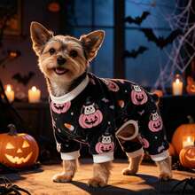 Opjoys 1pc Halloween Pumpkin & Bat Print Dog , Soft Cute Healing Style Skin-Friendly Knitted Four-Legged Design Round Neck Ribbed Cuff Warm Belly Protection Anti-Shedding Pet Home Wear Spring Autumn Daily - Black - View 1