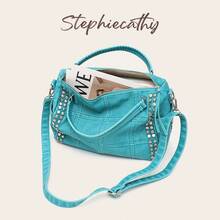 Women's Vintage Washed PU Leather Y2K Rivet Handbag & Crossbody Bag, Distressed Fashion Rivet Shoulder Bag, Large Capacity Daily Commute Travel Handbag, Streetwear - Multicolor - View 1